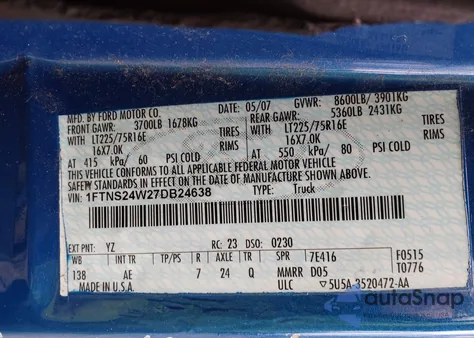 2007 Ford E-250 Commercial/Recreational из США, поврежденный, VIN 1FTNS24W27DB24638